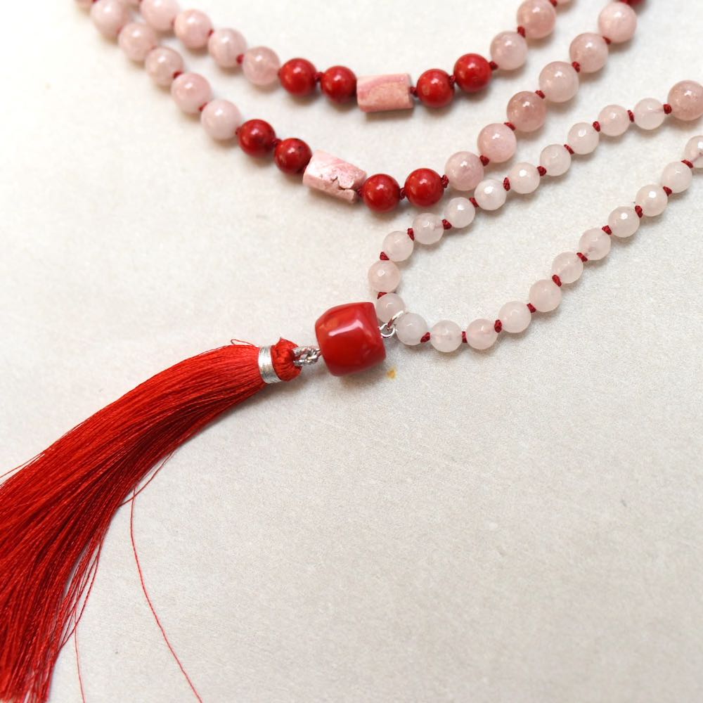 Rose & Red Heart Gemstone Mala with 108 Quartz and Coral beads - Handmade with 108 Mala Beads by Manipura