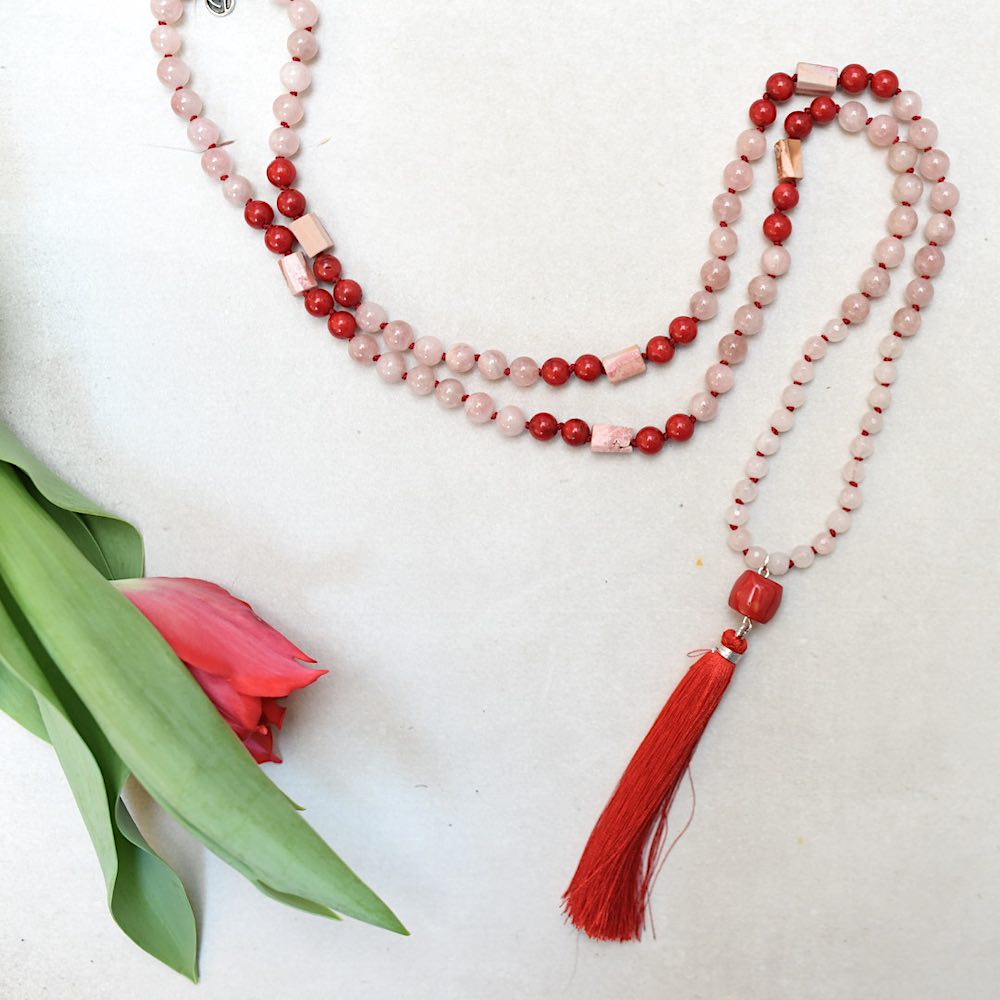 Rose & Red Heart Gemstone Mala with 108 Quartz and Coral beads - Handmade with 108 Mala Beads by Manipura