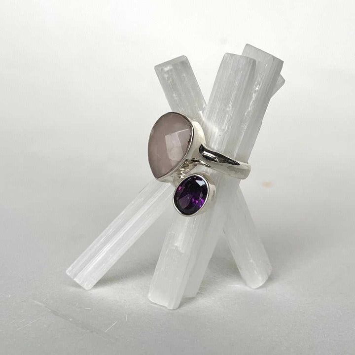Balance Rose Quartz & Zircon Amethyst Gemstone Ring (Adjustable)