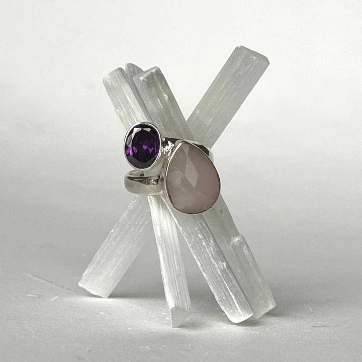 Balance Rose Quartz & Zircon Amethyst Gemstone Ring (Adjustable)