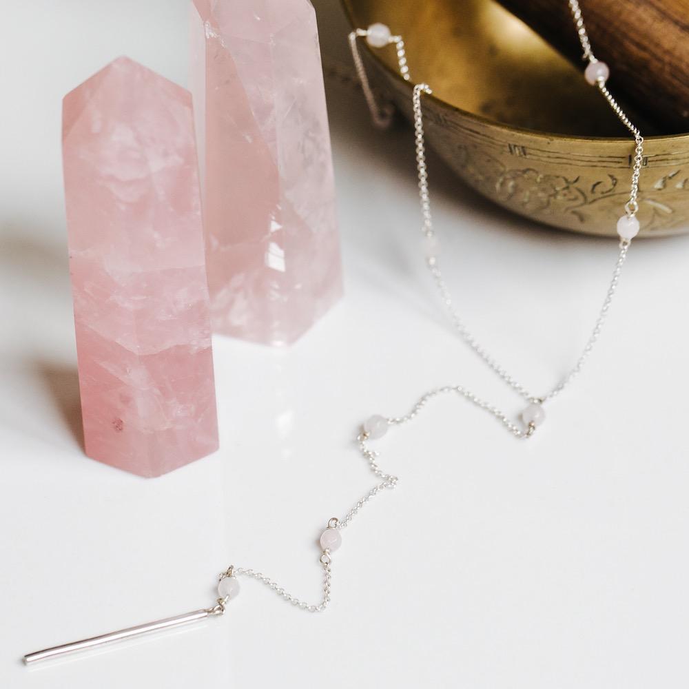 Rose Quartz Tie Silver Necklace - Handmade in 925 Sterling Silver by Manipura Malas at