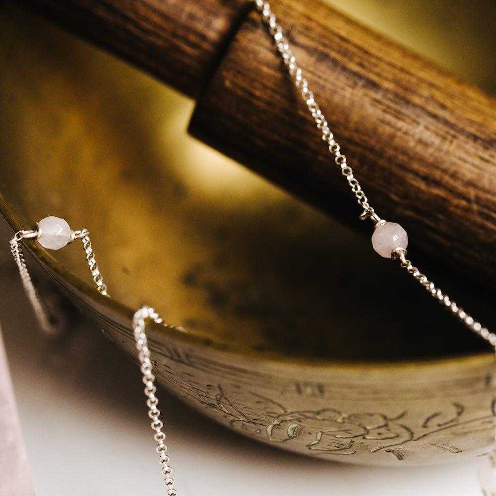 Rose Quartz Tie Silver Necklace - Handmade in 925 Sterling Silver by Manipura Malas at