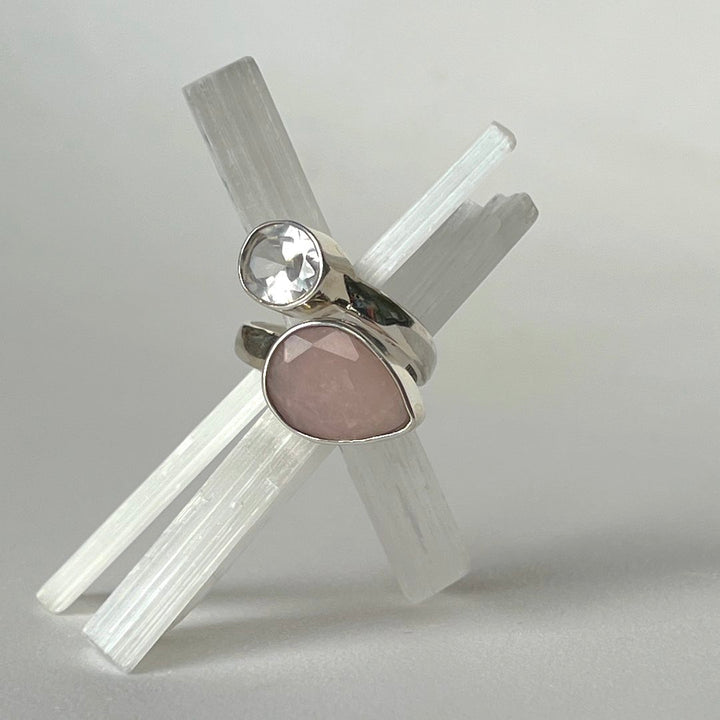 Handmade Silver Ring with Rose Quartz & White Zircon Gemstones (Adjustable)