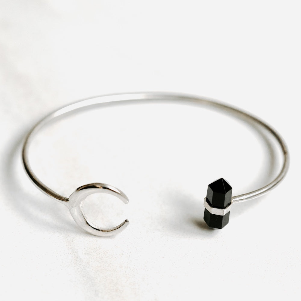 Obsidian Moon Bangle in Silver by Manipura Malas at