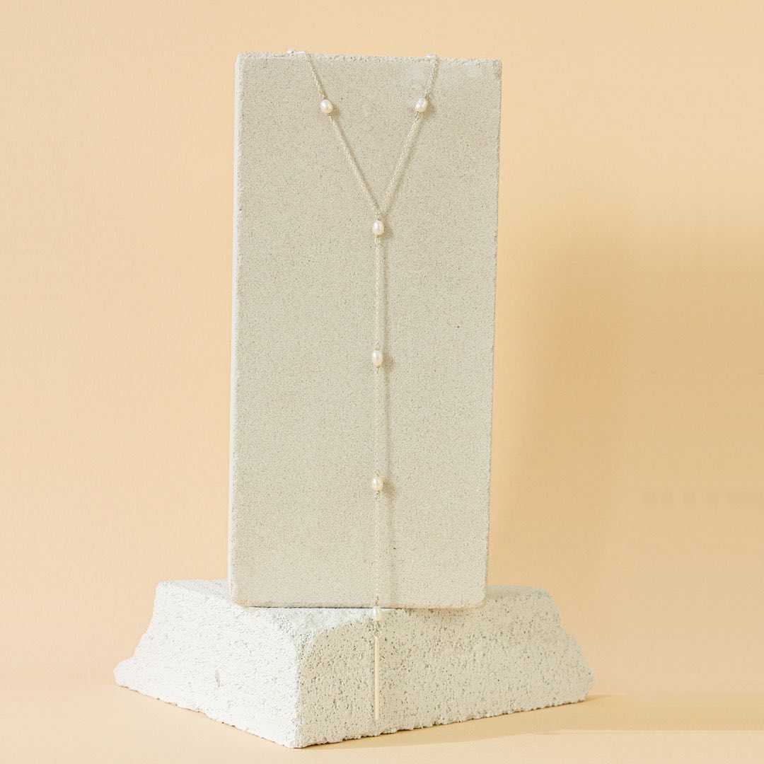 True Clarity Tie Necklace with Natural Pearls and Sterling Silver