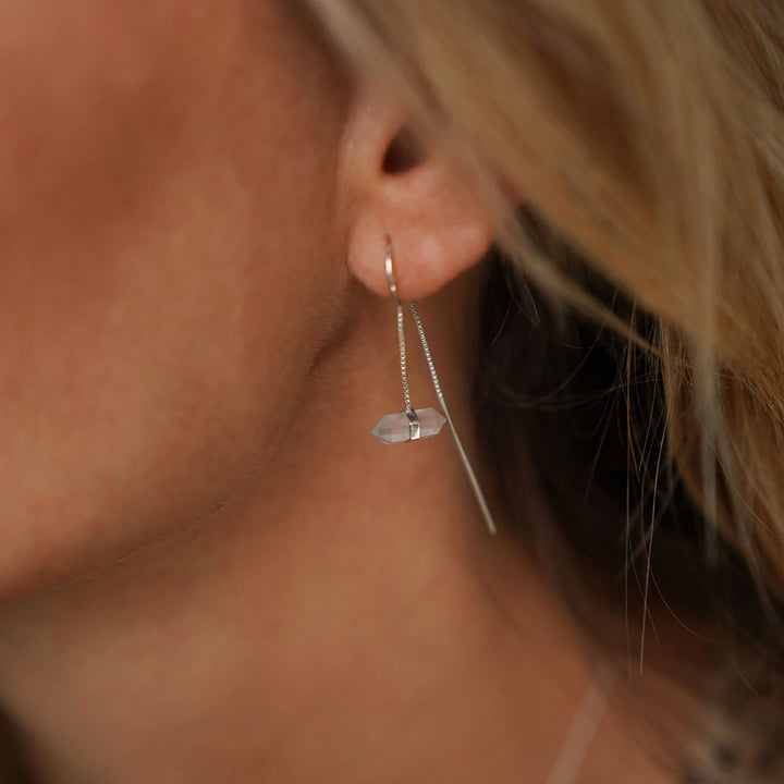 Silver Earring with Double terminated Clear Quartz Crystal on a lady