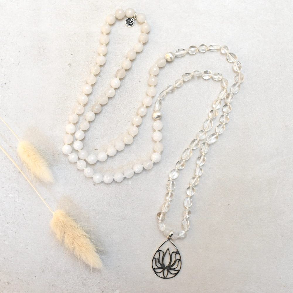White Lotus Gemstone Mala with 108 White Jade and Quartz Beads - Handmade with 108 Mala Beads by Manipura