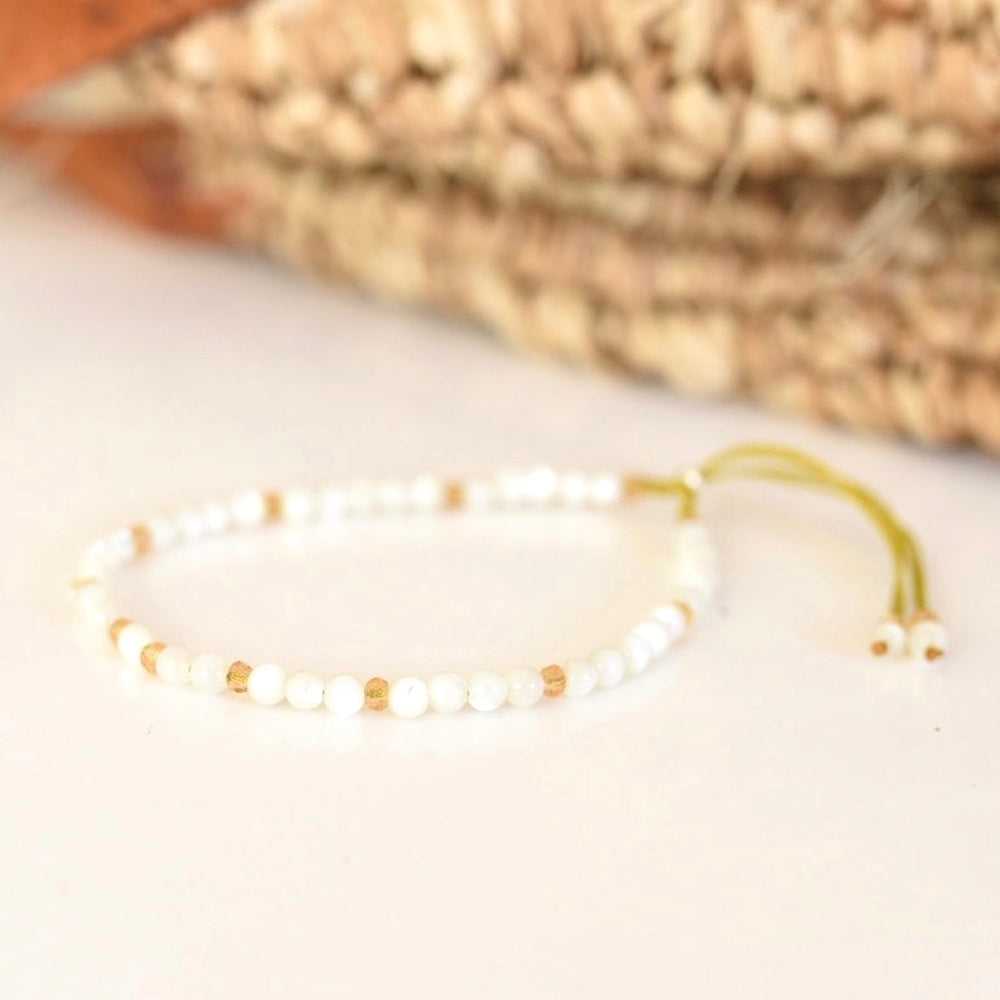 White Shell Adjustable Gemstone Bracelet by Manipura Malas at