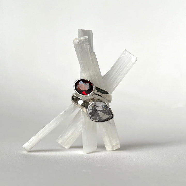 Handmade Silver Ring with Garnet & White Zircon Gemstones (Adjustable)