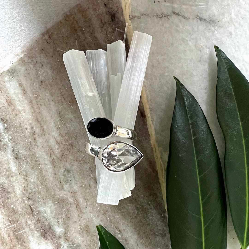 Handmade Silver Ring with Onyx & White Zircon Gemstones (Adjustable)