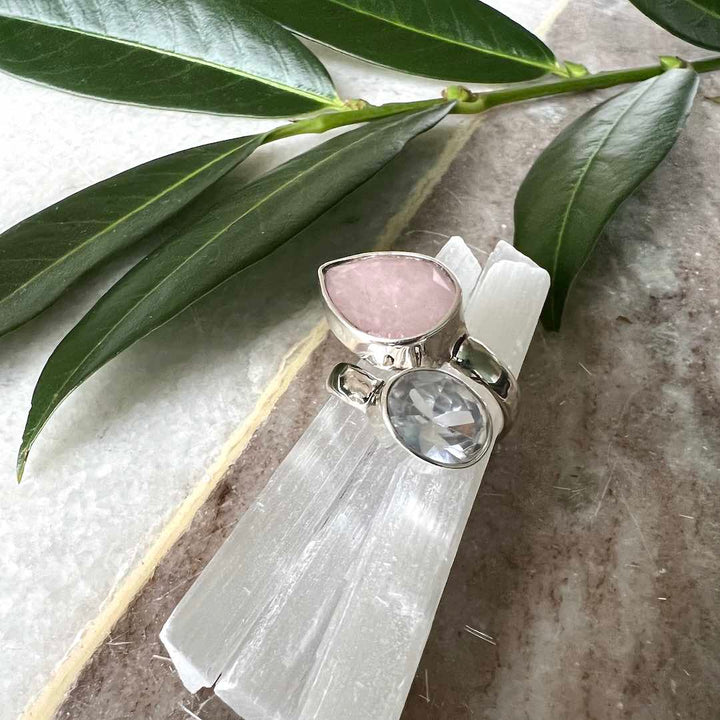 Handmade Silver Ring with Rose Quartz & White Zircon Gemstones (Adjustable)