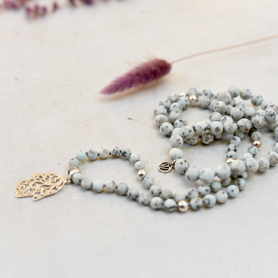 Silver Hamsa Gemstone Mala with 108 Brushed Kiwi Jasper Beads - Handmade with 108 Mala Beads by Manipura